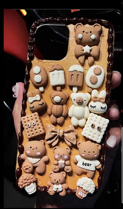 Finished Handmade Decoden Phone Cases | Teddy Bears Cookies Macaroons Toast Eggs Muffin Food Charms | Samsung Android iPhone Cases - MeowsomeCrafts