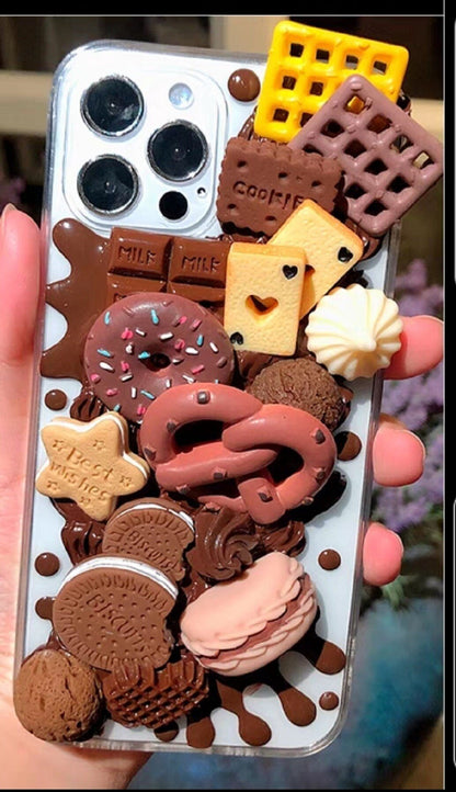 Finished Handmade Decoden Phone Cases | Teddy Bears Cookies Macaroons Toast Eggs Muffin Food Charms | Samsung Android iPhone Cases - MeowsomeCrafts