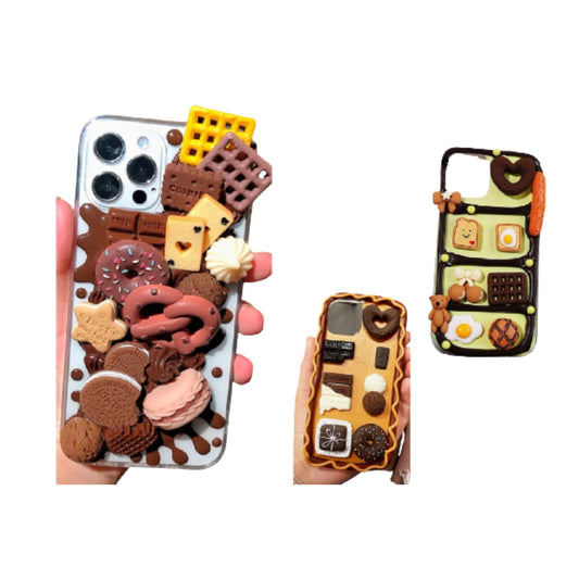 Finished Handmade Decoden Phone Cases | Teddy Bears Cookies Macaroons Toast Eggs Muffin Food Charms | Samsung Android iPhone Cases - MeowsomeCrafts