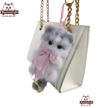 Handmade Chenille Stem Fluffy Long Haired Gray & White Kittens Keychains | Animal Figurine - MeowsomeCrafts