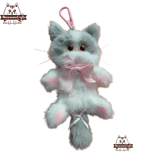 Handmade Chenille Stem Fluffy Long Haired Gray & White Kittens Keychains | Animal Figurine - MeowsomeCrafts