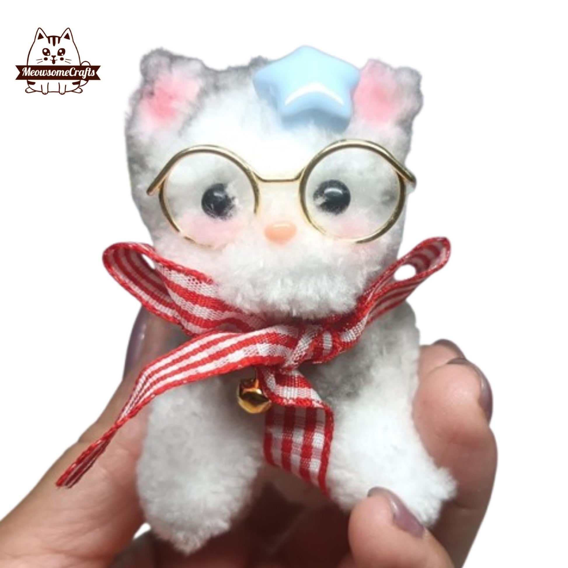 Handmade Chenille Stems Fluffy White Cat With Glasses | Animal Figurine - MeowsomeCrafts