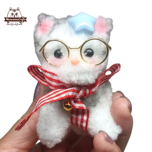 Handmade Chenille Stems Fluffy White Cat With Glasses | Animal Figurine - MeowsomeCrafts