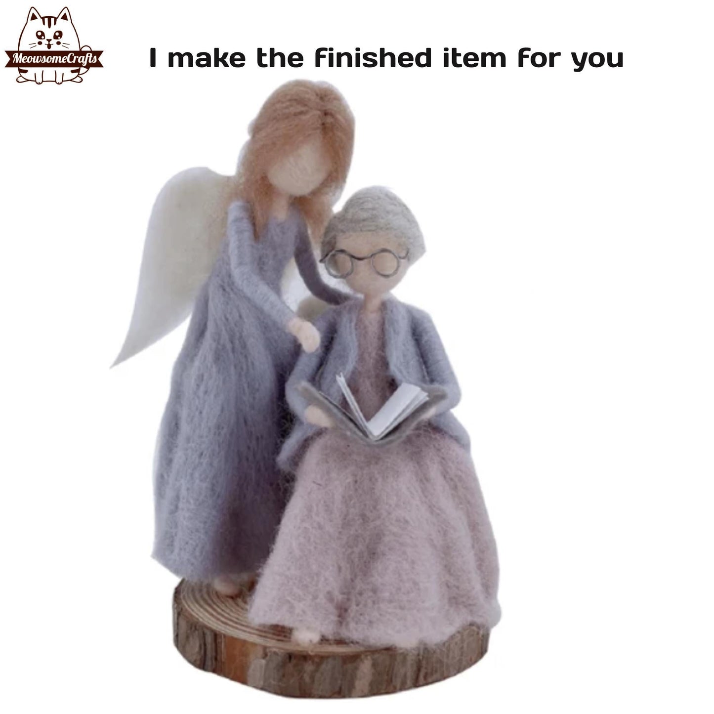 Handmade Needle Felted Angel Girl Next To Grandmother Reading A Book | Finished Felted Angel - MeowsomeCrafts