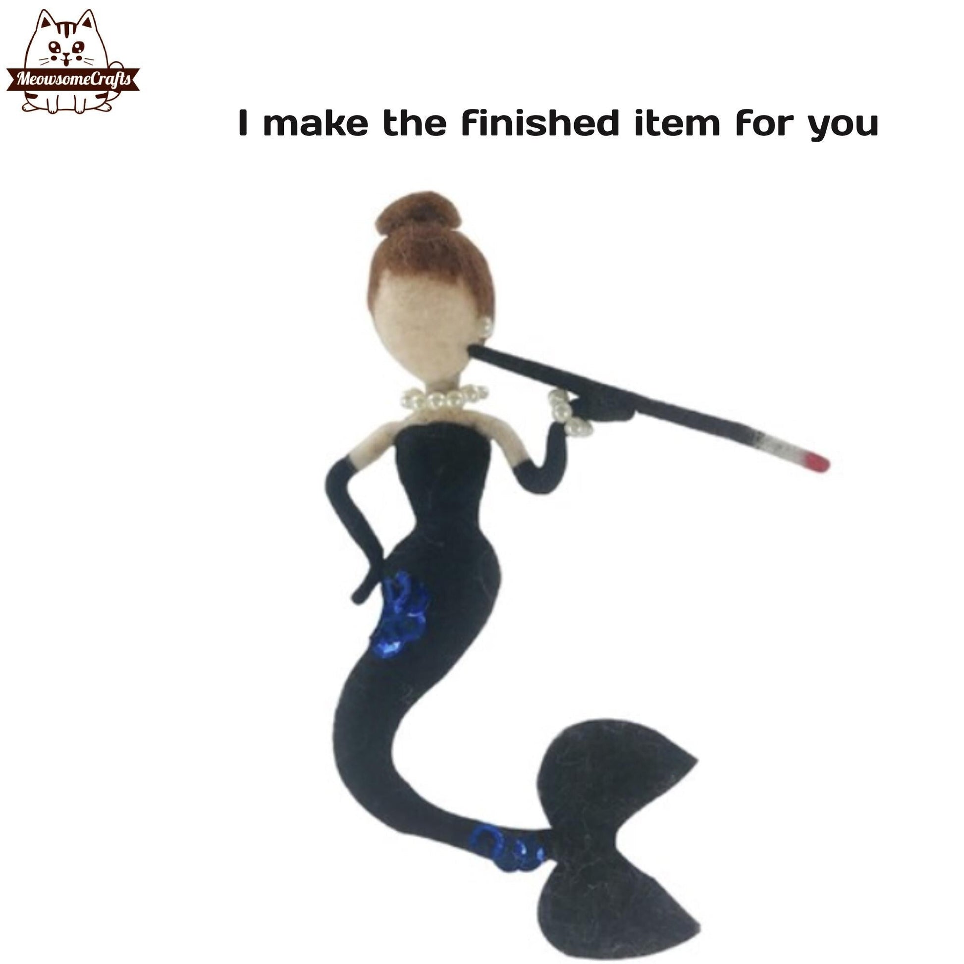 Handmade Needle Felted Black Dress Mermaid Holding Cigarette With Holder | Finished Felted Mermaid - MeowsomeCrafts