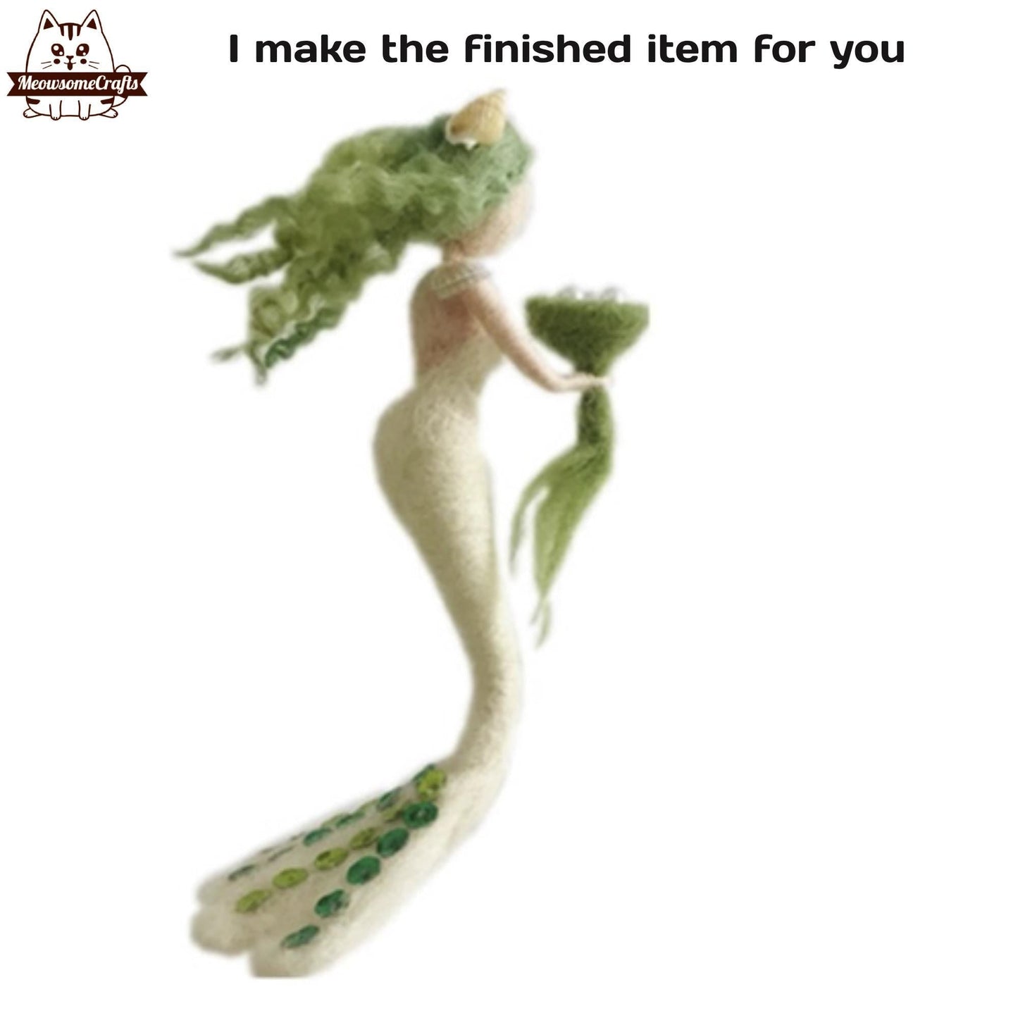 Handmade Needle Felted Green Hair Mermaid Princess With Shell Crown Holding Pearl Bouquet | Finished Felted Mermaid - MeowsomeCrafts