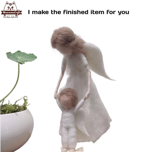 Handmade Needle Felted Mother Angel Helping Baby Angel Walk | Finished Felted Angel - MeowsomeCrafts