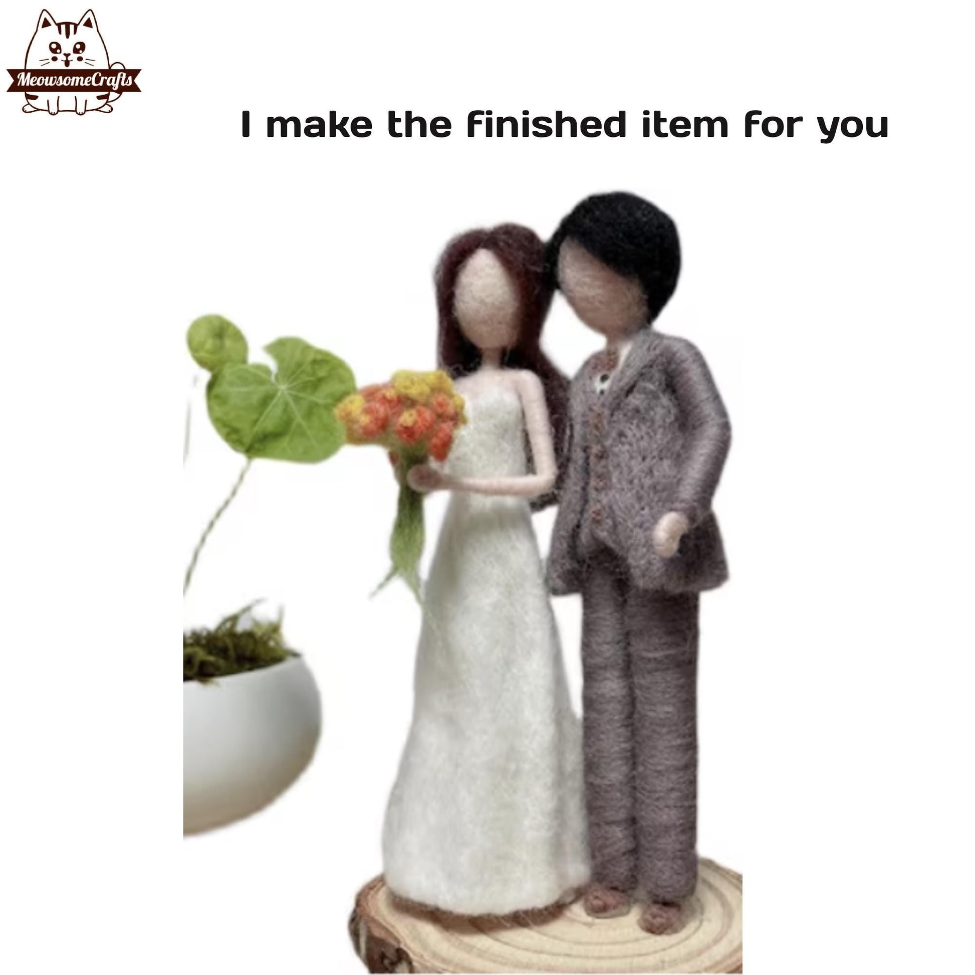 Handmade Needle Felted Wedding Marriage Groom & Bride Holding Bouquet Of Flowers | Finished Felted People - MeowsomeCrafts