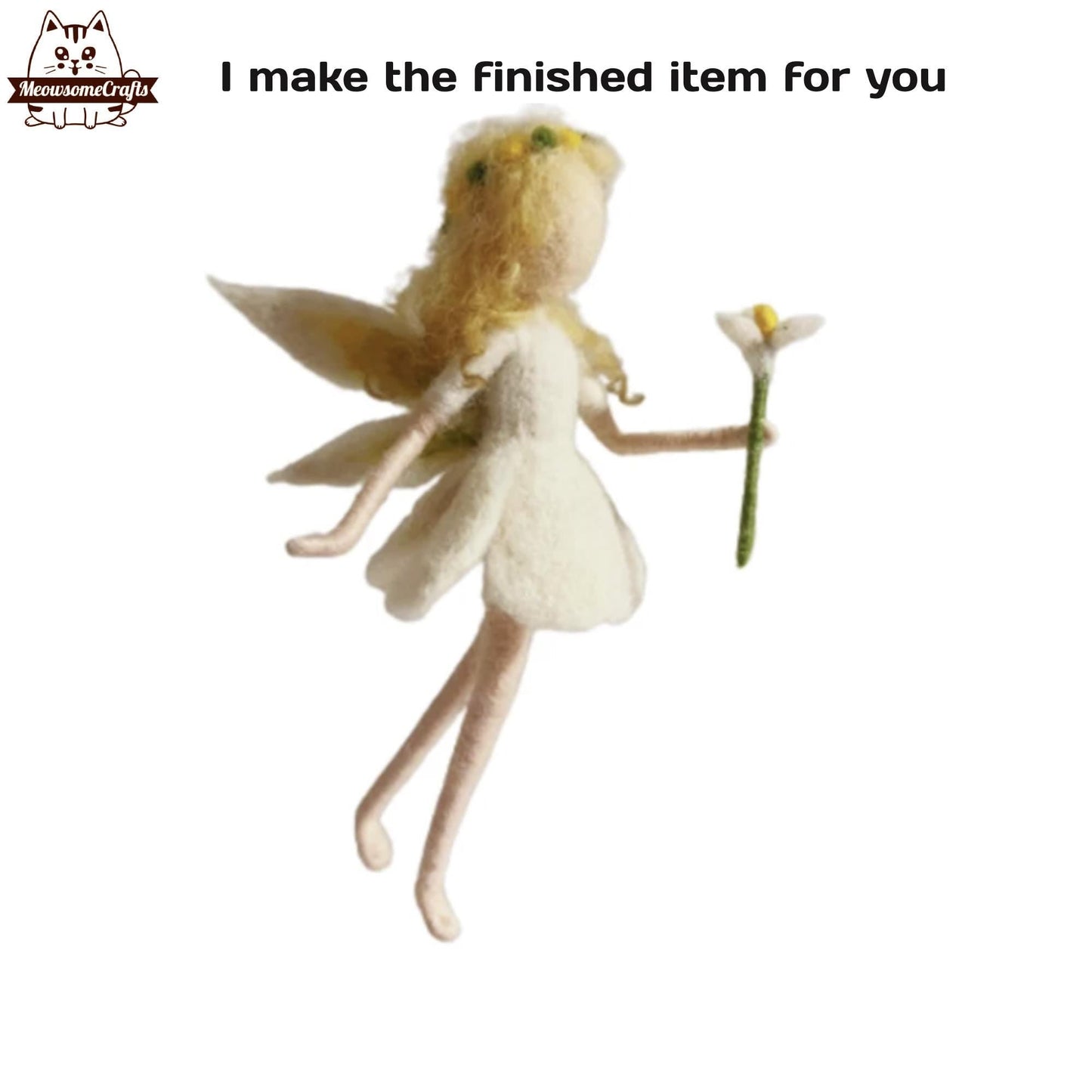 Handmade Needle Felted White Dress Flower Fairy Holding Flower | Finished Felted Fairy - MeowsomeCrafts