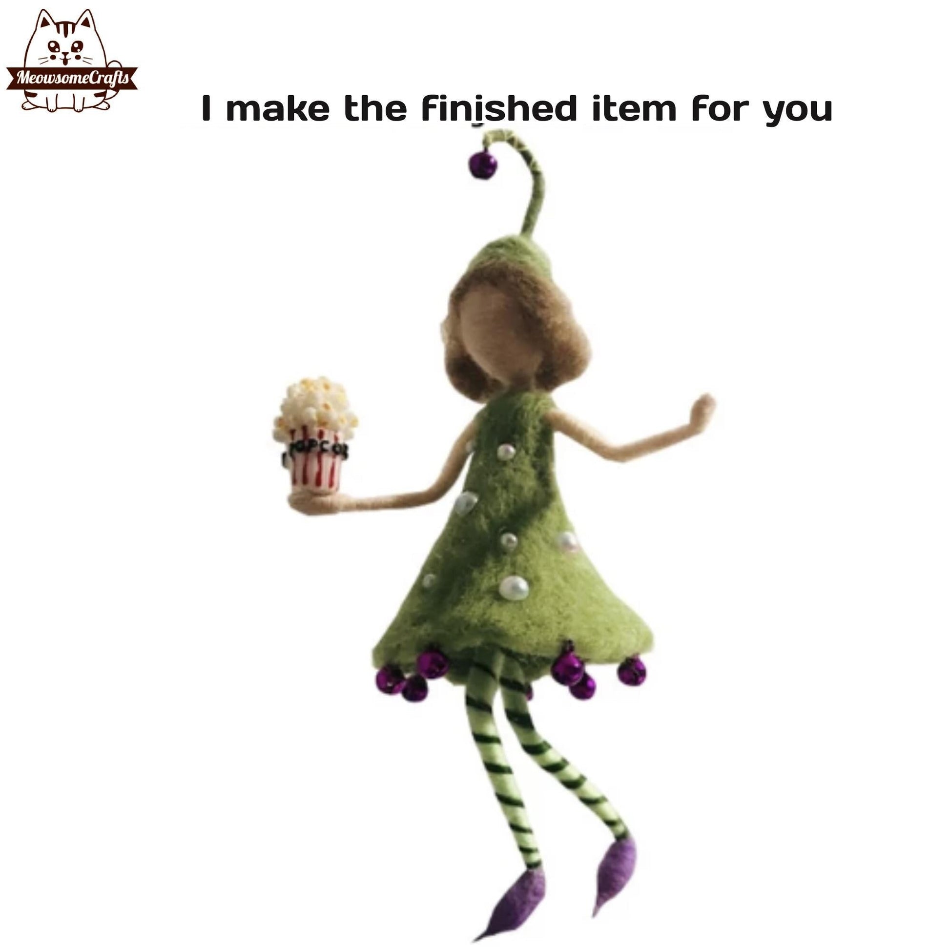 Handmade Needled Felted Christmas Tree Dress Fairy Holding Popcorn | Finished Felted Fairy - Handmade Finished Felted