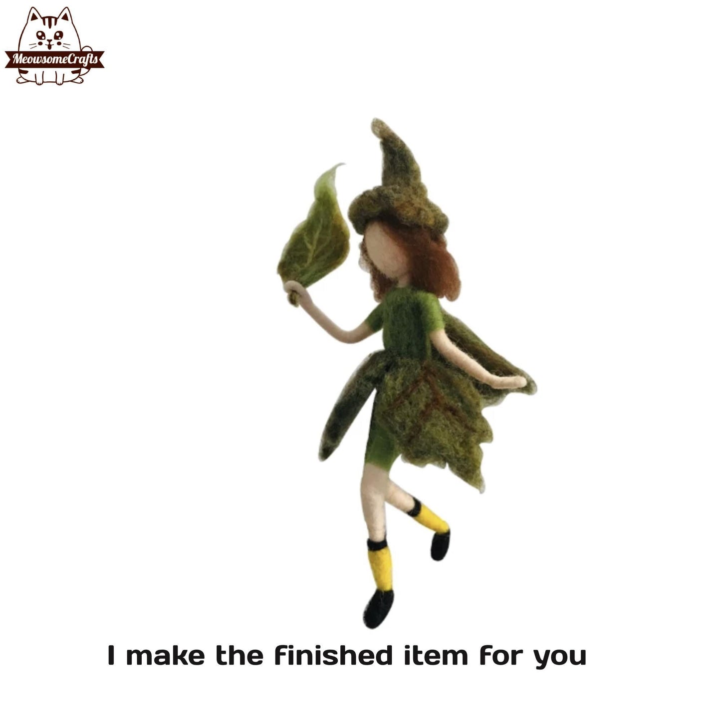 Handmade Needled Felted Green Leaf Fairy Elf | Finished Felted Fairy - MeowsomeCrafts