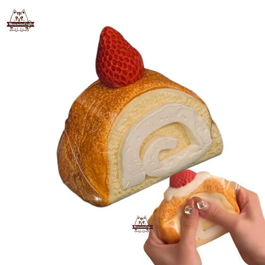 Handmade Taba Squishy Cream Swiss Roll With Strawberry Dessert Food | Squeezable Stress Relief Fidget Toy - MeowsomeCrafts