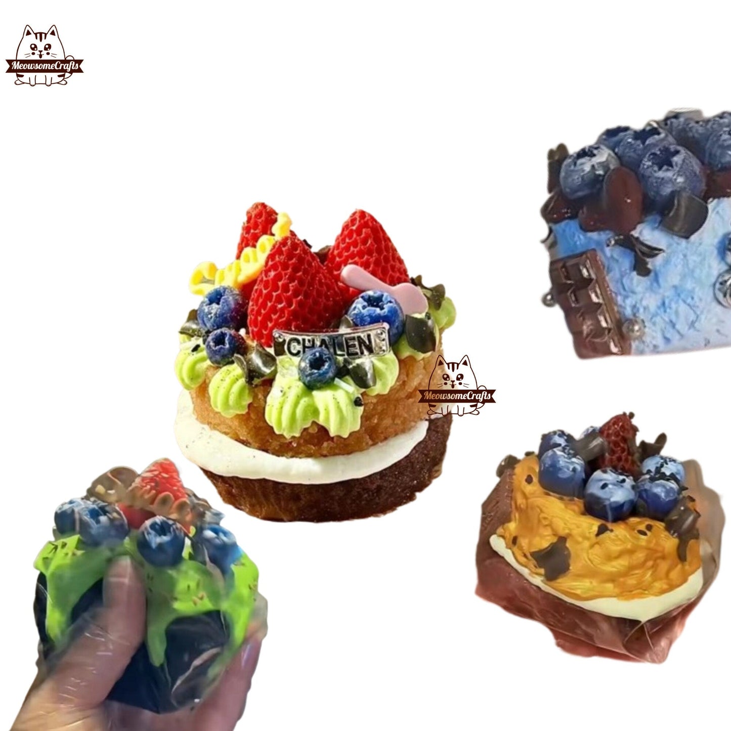 Handmade Taba Squishy Fruit Cake Strawberry Blueberry Cream Icing Dessert Food | Squeezable Stress Relief Fidget Toy - MeowsomeCrafts