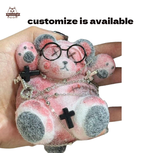 Handmade Taba Squishy Furry Bear With Glasses Wrapped With Chain Key Crosses Animal | Squeezable Stress Relief Fidget Toy - MeowsomeCrafts