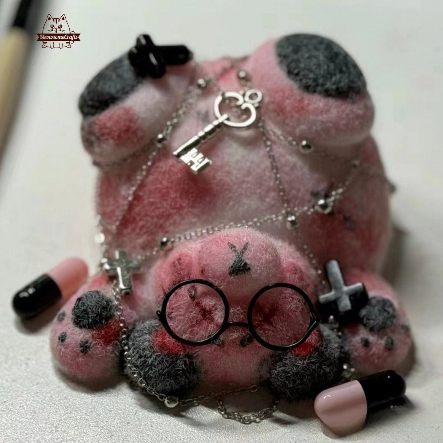 Handmade Taba Squishy Furry Bear With Glasses Wrapped With Chain Key Crosses Animal | Squeezable Stress Relief Fidget Toy - MeowsomeCrafts