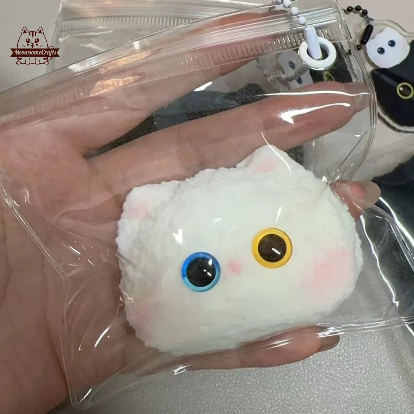 Handmade Taba Squishy Furry Big Eyes Cat Face Animal | Squeezable Stress Relief Fidget Toy - MeowsomeCrafts