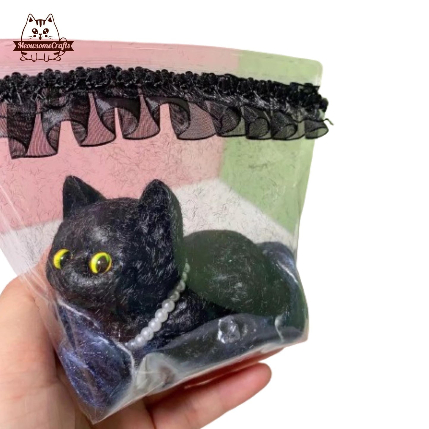 Handmade Taba Squishy Furry Black Kitten Cat Animal Customizable Tag | Squeezable Stress Relief Fidget Toy - MeowsomeCrafts