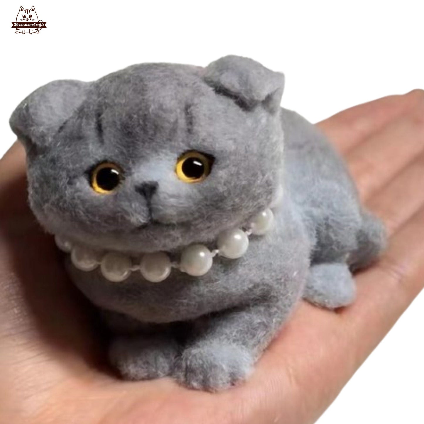 Handmade Taba Squishy Furry British Shorthair Gray Kitten Cat Wearing Pearl Necklace Animal | Squeezable Stress Relief Fidget Toy - MeowsomeCrafts