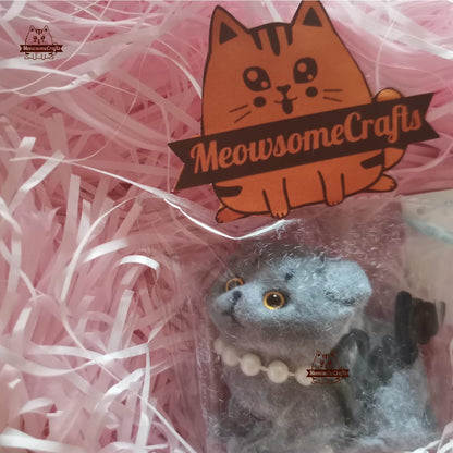 Handmade Taba Squishy Furry British Shorthair Gray Kitten Cat Wearing Pearl Necklace Animal | Squeezable Stress Relief Fidget Toy - MeowsomeCrafts