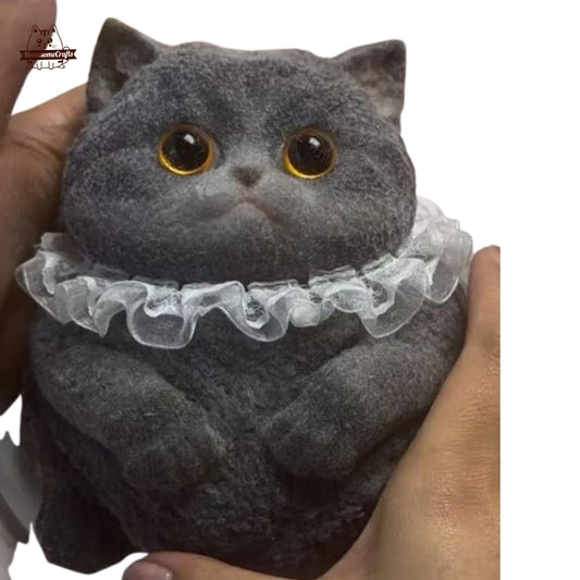 Handmade Taba Squishy Furry Chubby Black Cat With Lace Collar Animal | Squeezable Stress Relief Fidget Toy - MeowsomeCrafts