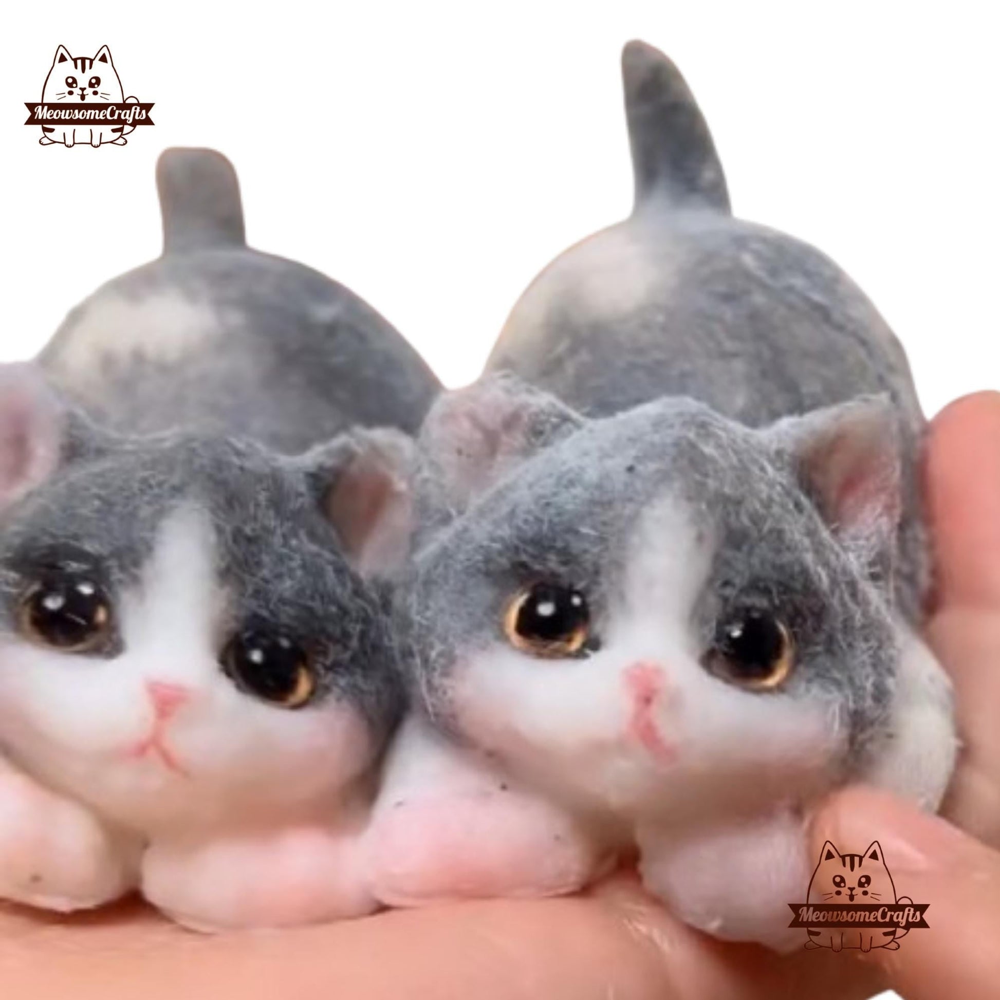 Handmade Taba Squishy Furry Gray & White Pouncing Kitten Cat Animal | Squeezable Stress Relief Fidget Toy - MeowsomeCrafts