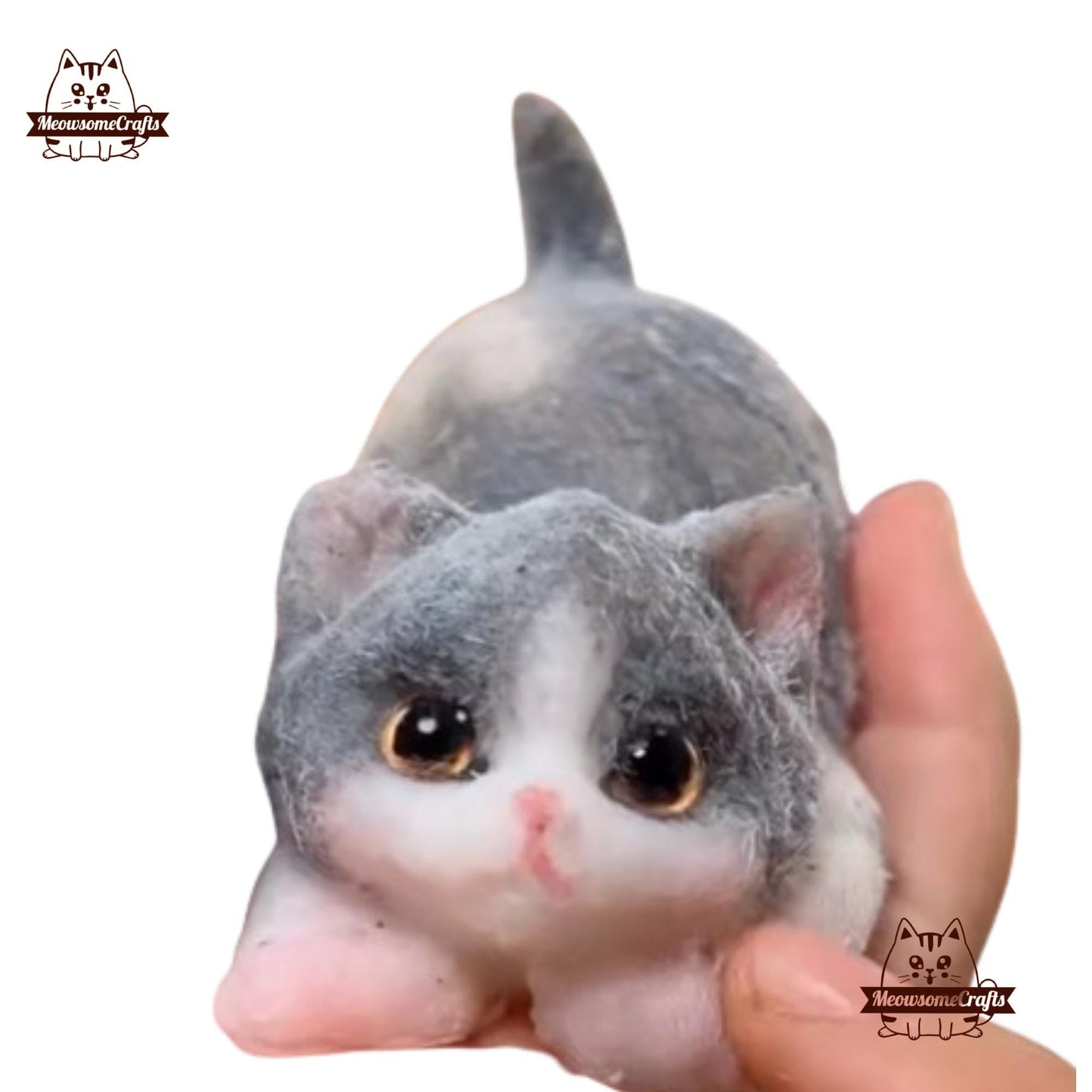 Handmade Taba Squishy Furry Gray & White Pouncing Kitten Cat Animal | Squeezable Stress Relief Fidget Toy - MeowsomeCrafts