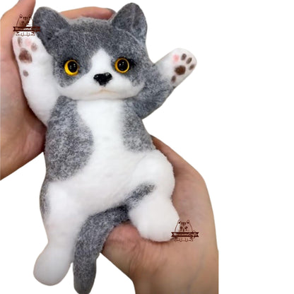 Handmade Taba Squishy Furry Laying Playful Black & White Kitten Cat Animal | Squeezable Stress Relief Fidget Toy - MeowsomeCrafts