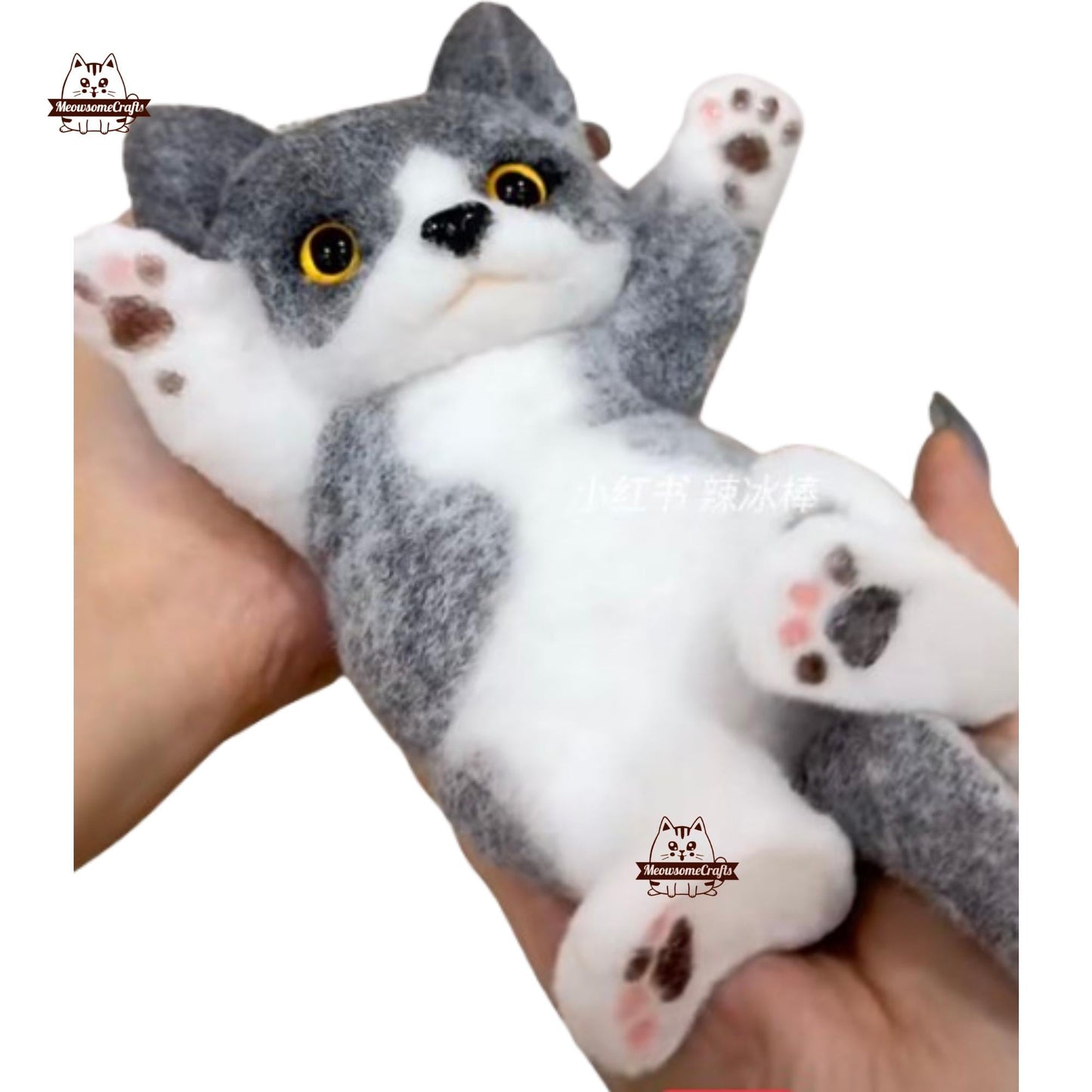 Handmade Taba Squishy Furry Laying Playful Black & White Kitten Cat Animal | Squeezable Stress Relief Fidget Toy - MeowsomeCrafts