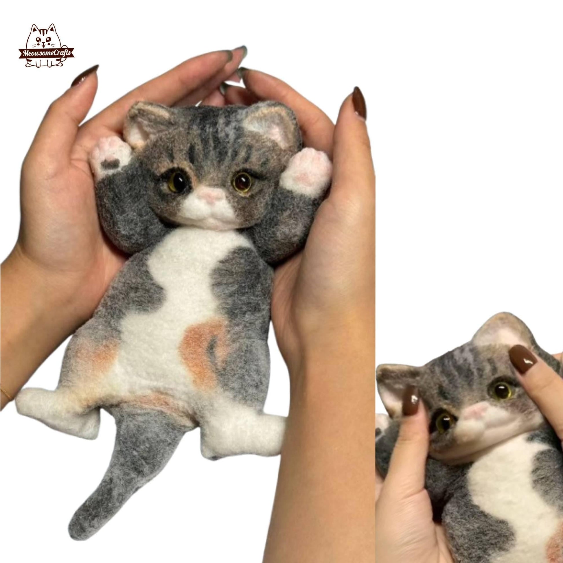 Handmade Taba Squishy Furry Laying Playful Calico Kitten Cat | Squeezable Stress Relief Fidget Toy - MeowsomeCrafts