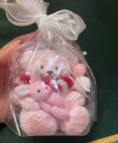 Handmade Taba Squishy Furry Pink Teddy Bear Holding Rabbit Animal | Squeezable Stress Relief Fidget Toy - MeowsomeCrafts