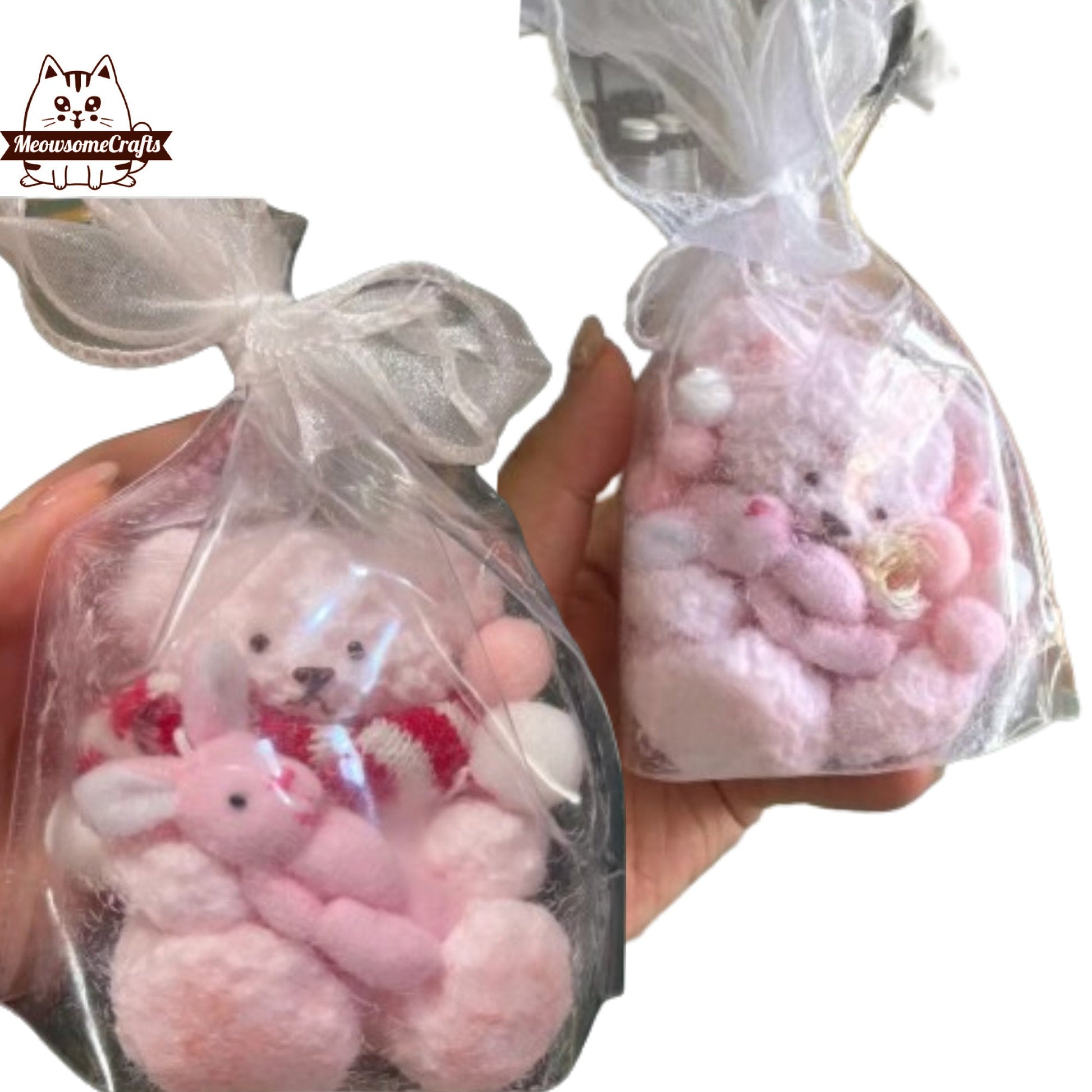 Handmade Taba Squishy Furry Pink Teddy Bear Holding Rabbit Animal | Squeezable Stress Relief Fidget Toy - MeowsomeCrafts