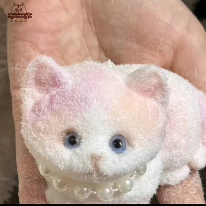 Handmade Taba Squishy Furry Pink & White Kitten Animal | Squeezable Stress Relief Fidget Toy - MeowsomeCrafts