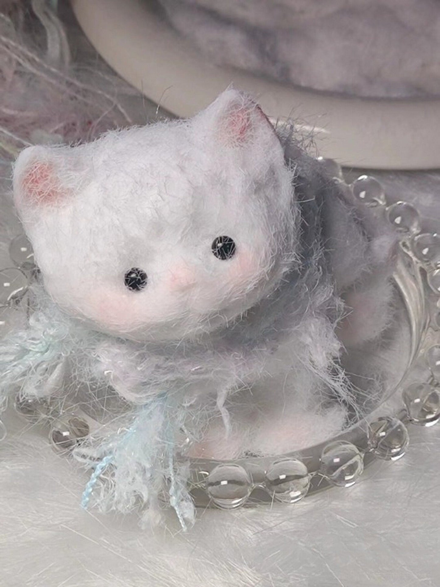 Handmade Taba Squishy Furry Sitting White Kitten Cat Animal | Squeezable Stress Relief Fidget Toy - MeowsomeCrafts