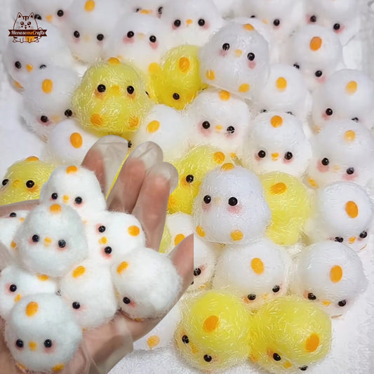 Handmade Taba Squishy Furry Yellow & White Baby Chicks Animal | Squeezable Stress Relief Fidget Toy - MeowsomeCrafts