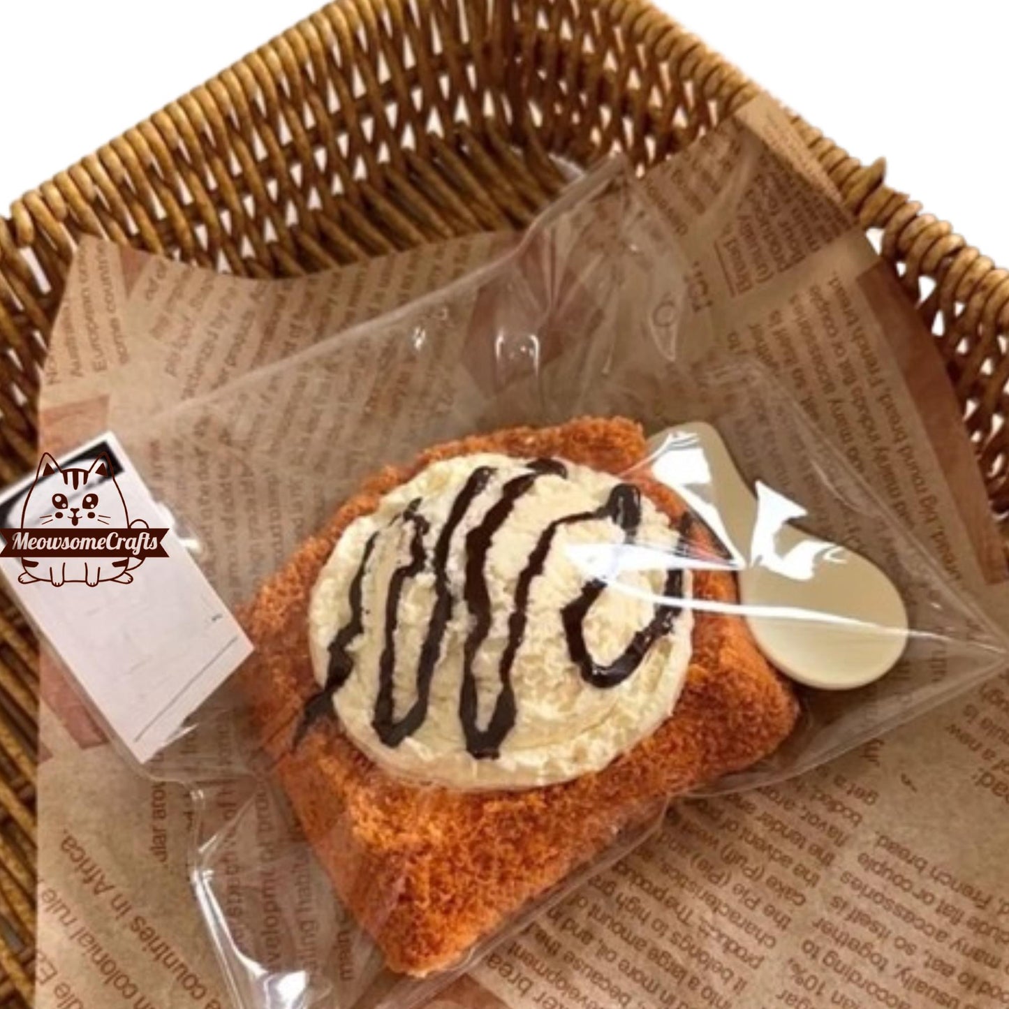 Handmade Taba Squishy Ice Cream Scoop On Toast Chocolate Drizzle Dessert Food | Squeezable Stress Relief Fidget Toy - MeowsomeCrafts