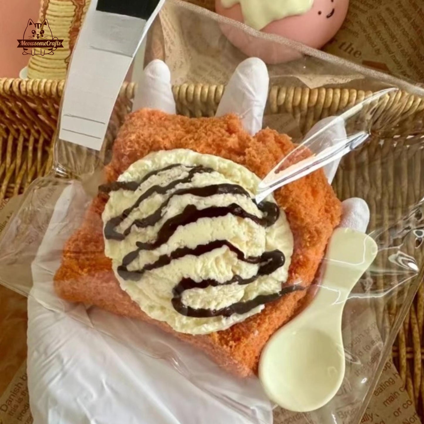 Handmade Taba Squishy Ice Cream Scoop On Toast Chocolate Drizzle Dessert Food | Squeezable Stress Relief Fidget Toy - MeowsomeCrafts