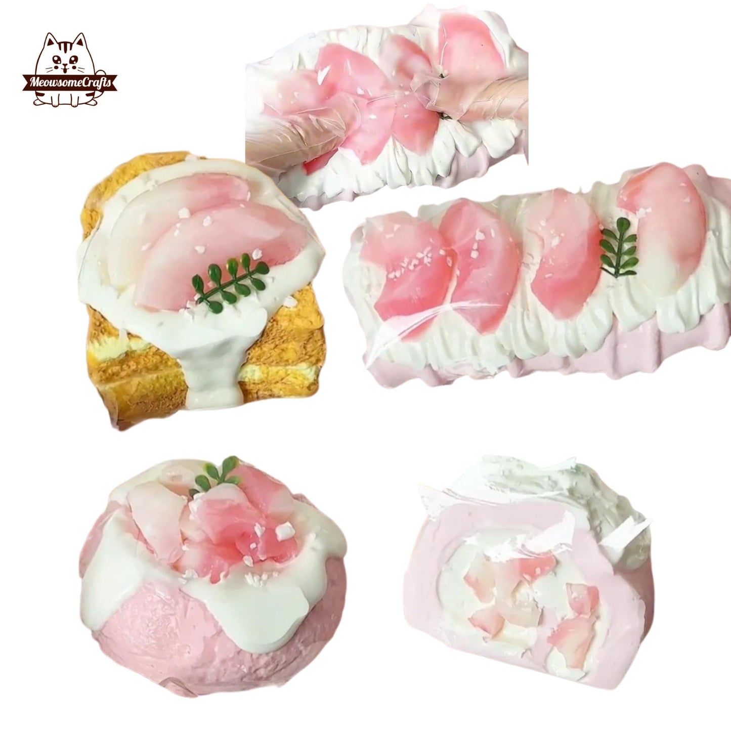 Handmade Taba Squishy Peach Cream Swiss Roll Toast Bread Cake Dessert Food | Squeezable Stress Relief Fidget Toy - MeowsomeCrafts