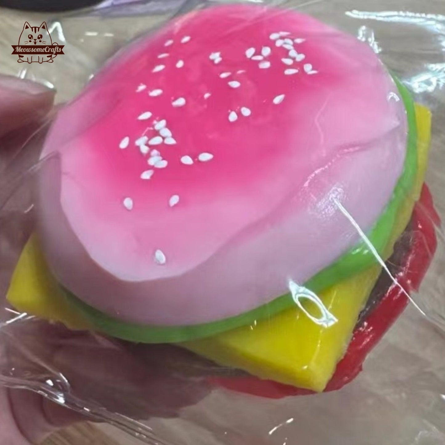 Handmade Taba Squishy Pink Cheeseburger Food | Squeezable Stress Relief Fidget Toy - MeowsomeCrafts