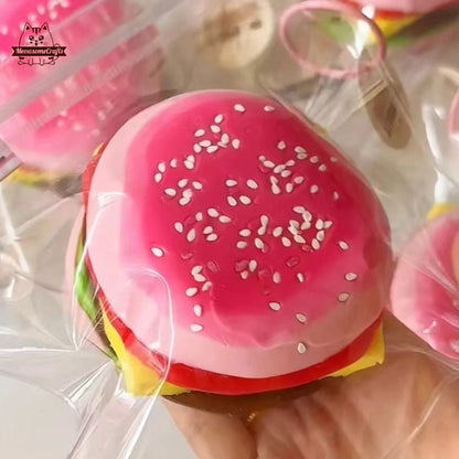 Handmade Taba Squishy Pink Cheeseburger Food | Squeezable Stress Relief Fidget Toy - MeowsomeCrafts