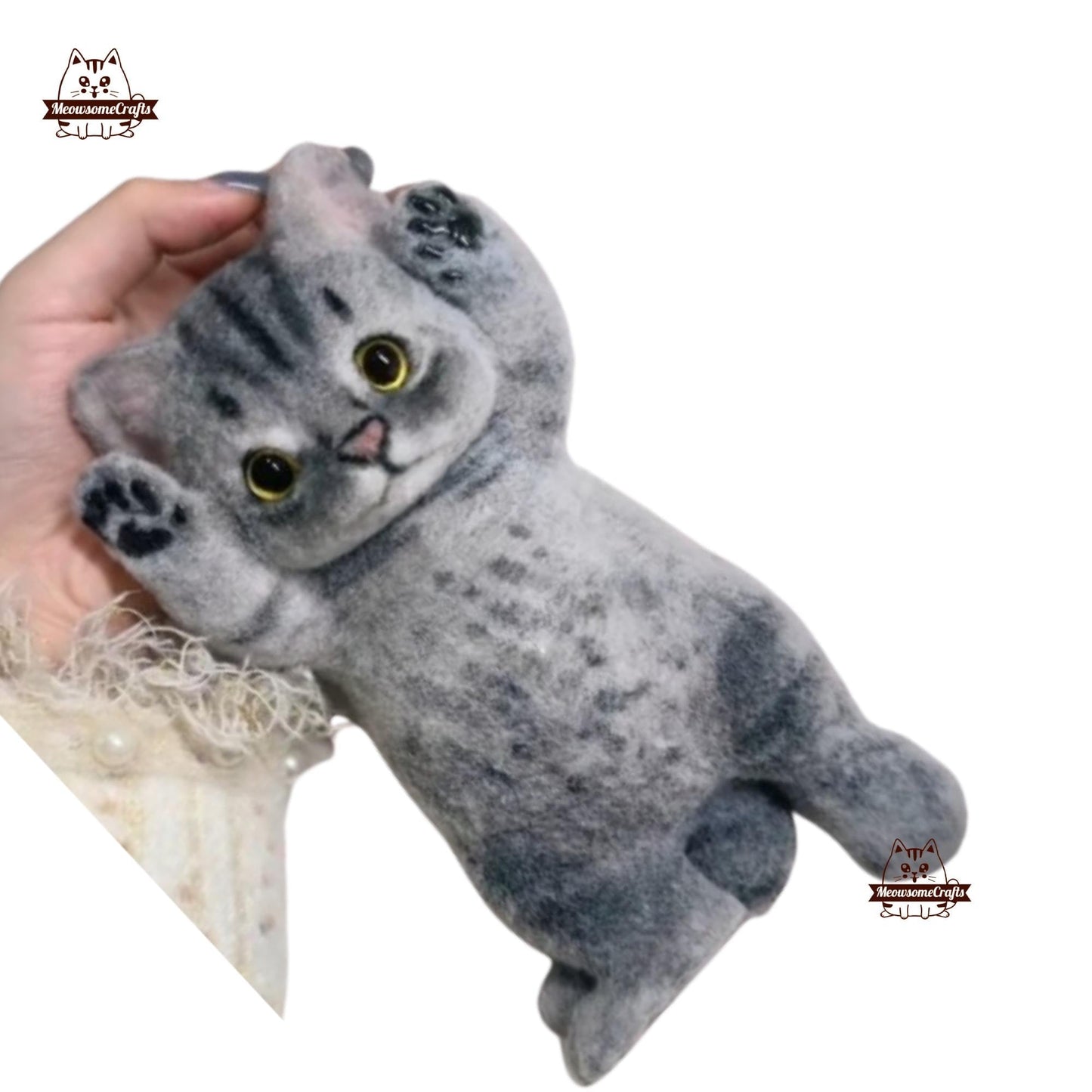 Handmade Taba Squishy Soft Furry Shorthair Gray Laying Kitten Cat Animal | Squeezable Stress Relief Fidget Toy - MeowsomeCrafts