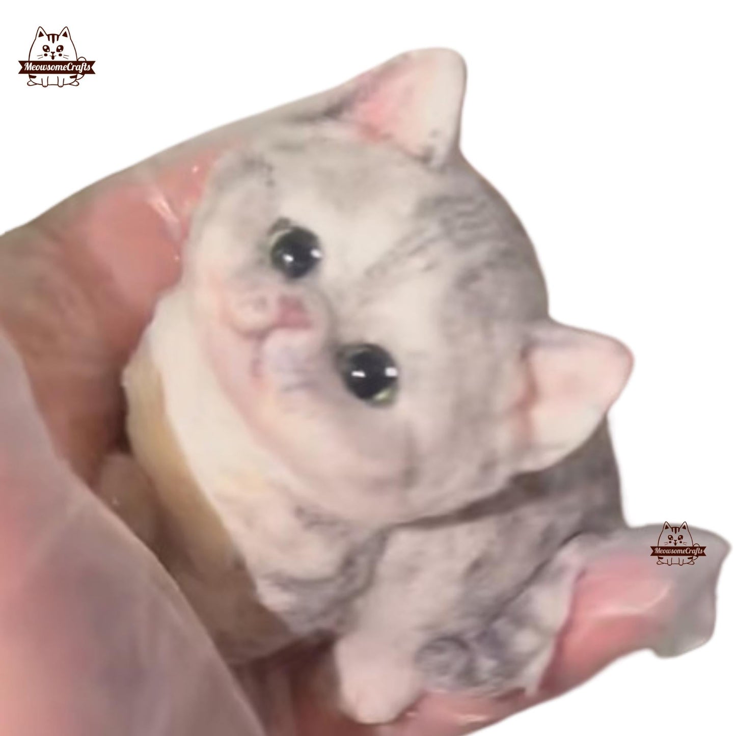 Handmade Taba Squishy Soft Furry Striped Gray & White Kitten Cat Animal | Squeezable Stress Relief Fidget Toy - MeowsomeCrafts