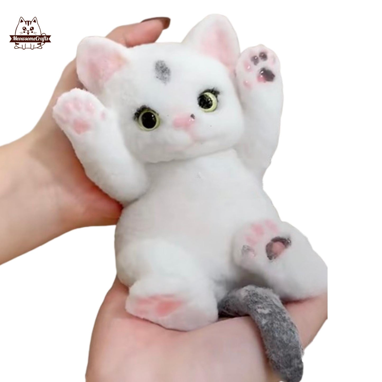 Furry White Grey Kitten Cat Laying Squishy Squeezable Anxiety Stress Relief Sensory Fidget Toy