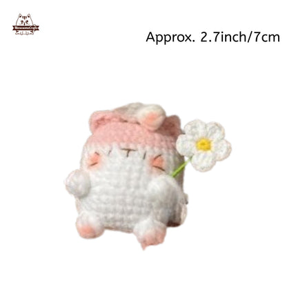 Handmade Finished Crochet Knitted Cat Holding Flower Keychain Pendant | Finished Knitted Animal - B