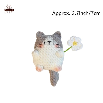 Handmade Finished Crochet Knitted Cat Holding Flower Keychain Pendant | Finished Knitted Animal - C