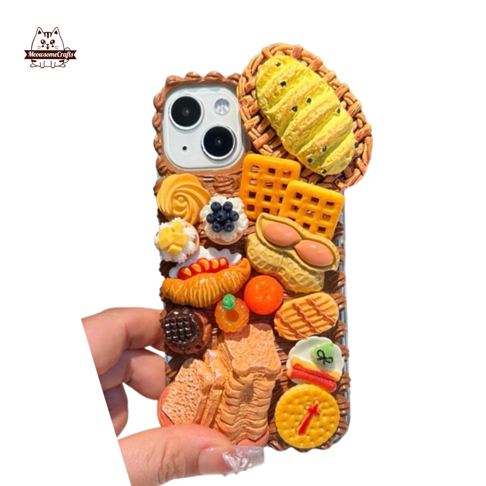 Finished Handmade Decoden Phone Case | Peanut Toast Bread Cookies Food Charms | Samsung Android iPhone Cases