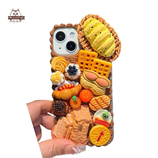 Finished Handmade Decoden Phone Case | Peanut Toast Bread Cookies Food Charms | Samsung Android iPhone Cases