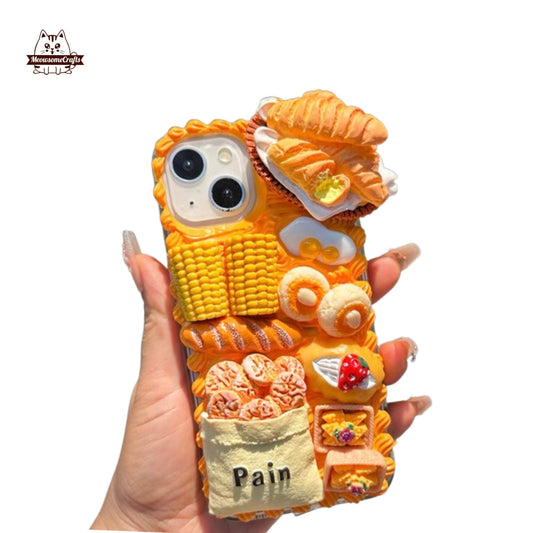 Finished Handmade Decoden Phone Case | Corn Toast Bread Cookies Food Charms | Samsung Android iPhone Cases