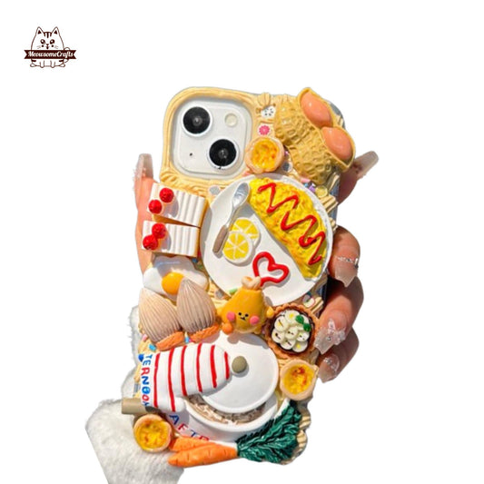 Finished Handmade Decoden Phone Case | Peanut Egg Cooking Food Charms | Samsung Android iPhone Cases