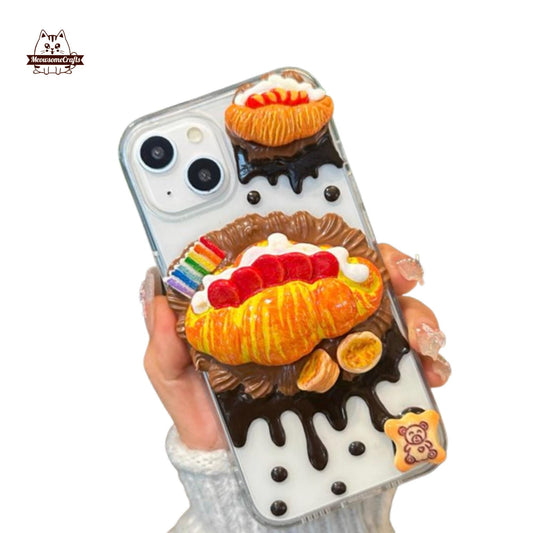 Finished Handmade Decoden Phone Case | Sandwich Cookies Egg Tart Food Charms | Samsung Android iPhone Cases