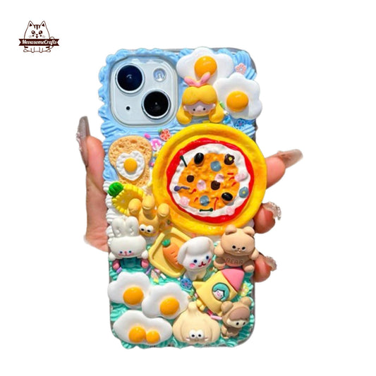 Finished Handmade Decoden Phone Case | Pizza Egg Food Bear Charms | Samsung Android iPhone Cases